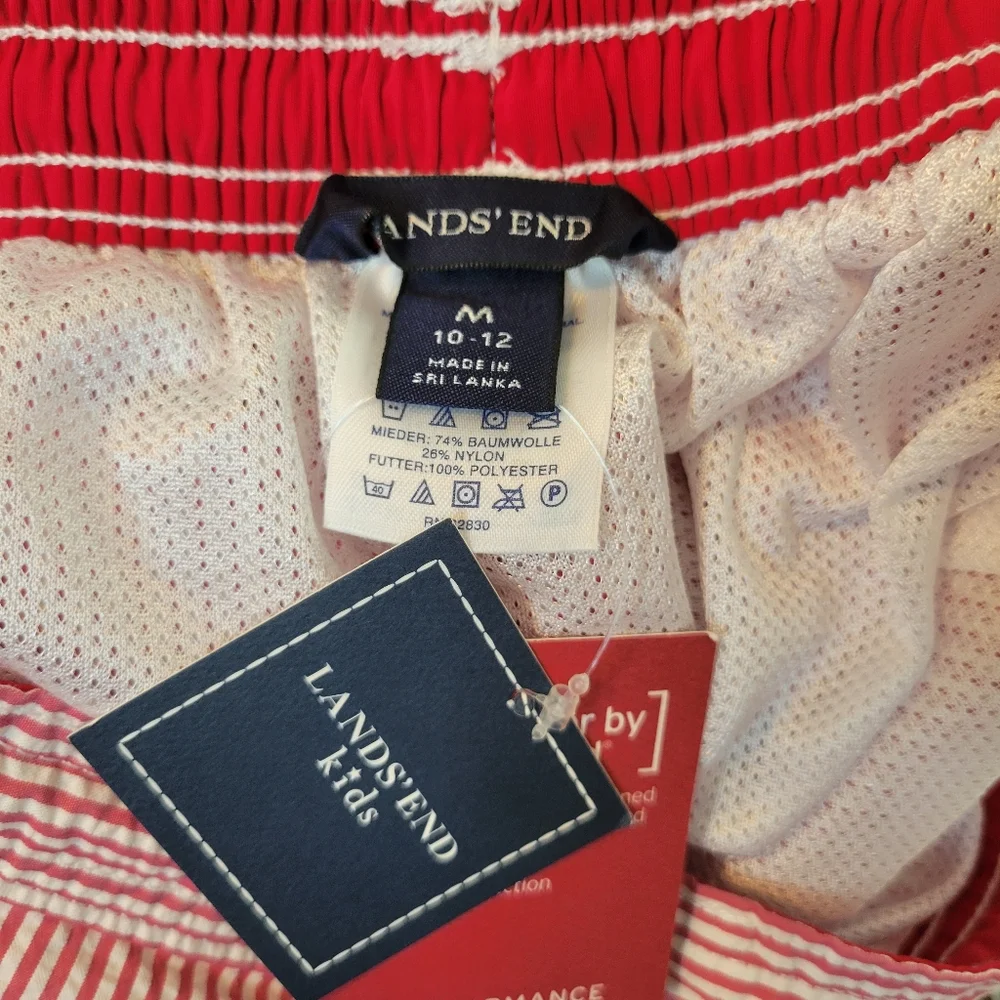 NWT Lands'‎ End Pin Striped Three Pocket Double Drawstring Swimsuit, Size 10-12